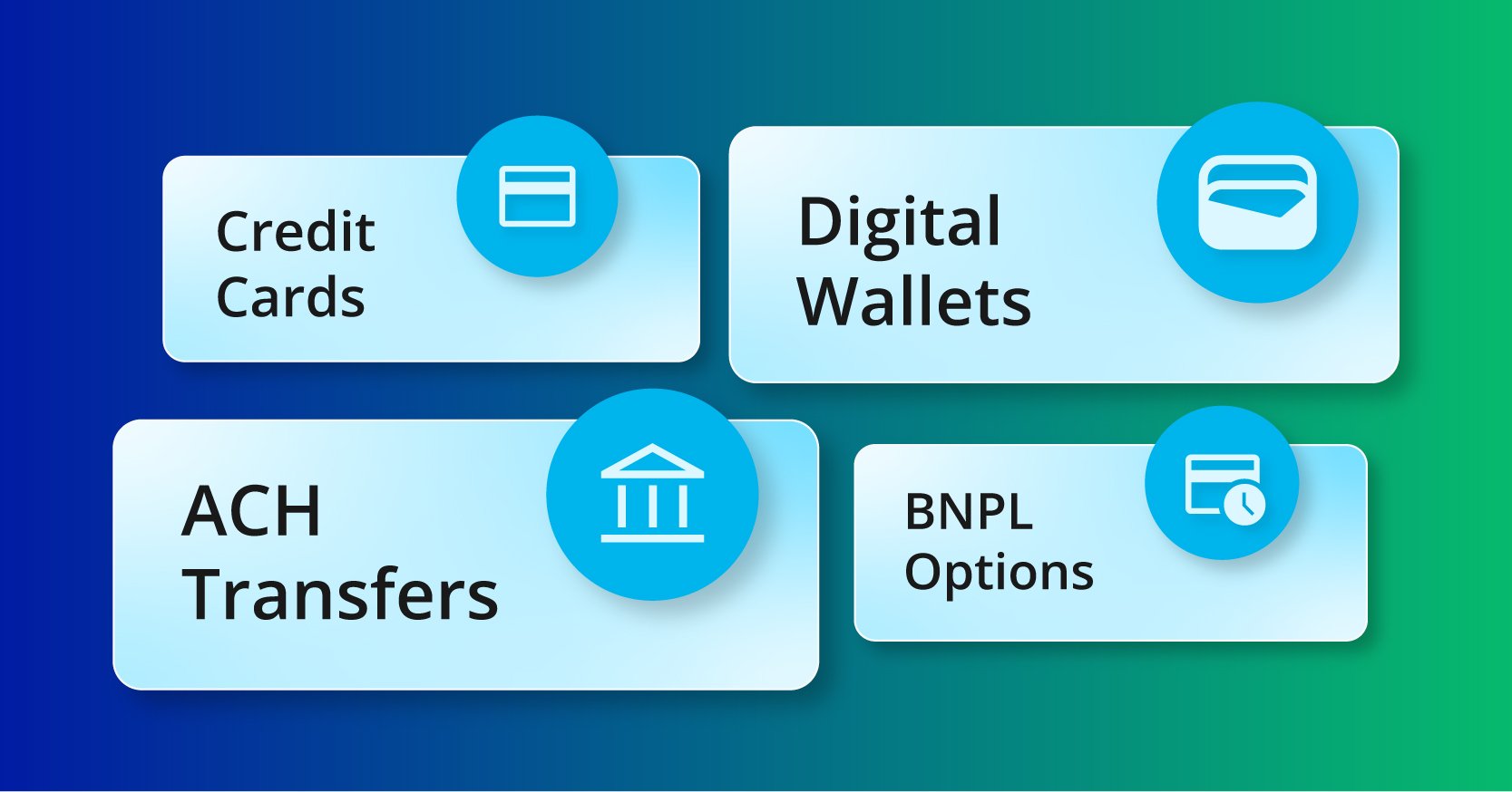 Popular online payment methods—credit cards, digital wallets, ACH transfers, and buy now pay later options