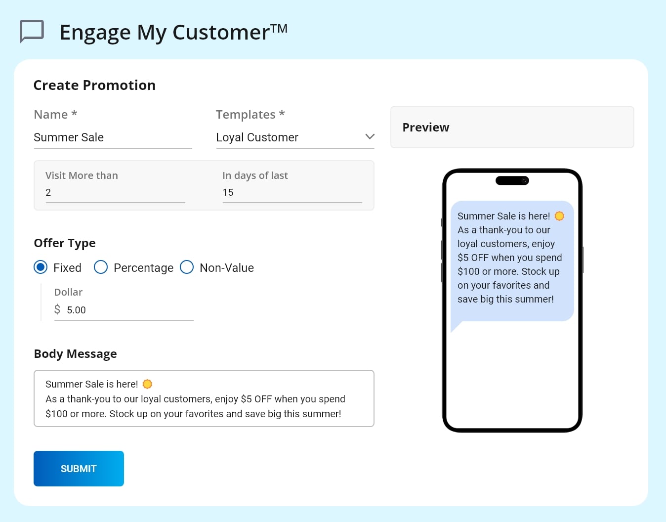 Engage My Customer™ feature in the Valor Portal by Valor PayTech for merchant customer engagement and insights